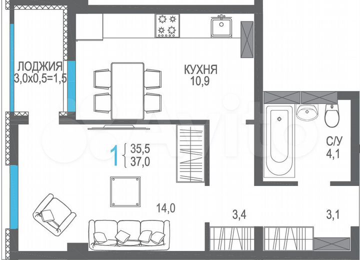 1-к. квартира, 37 м², 7/12 эт.