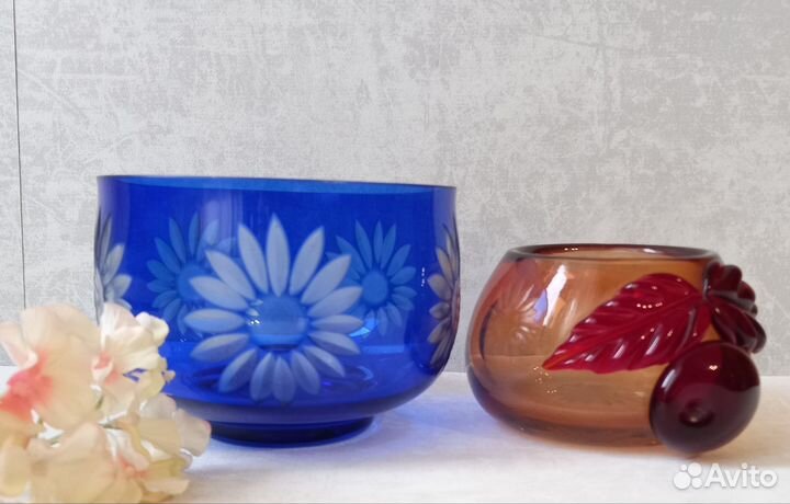 Ваза конфетница СССР синее стекло