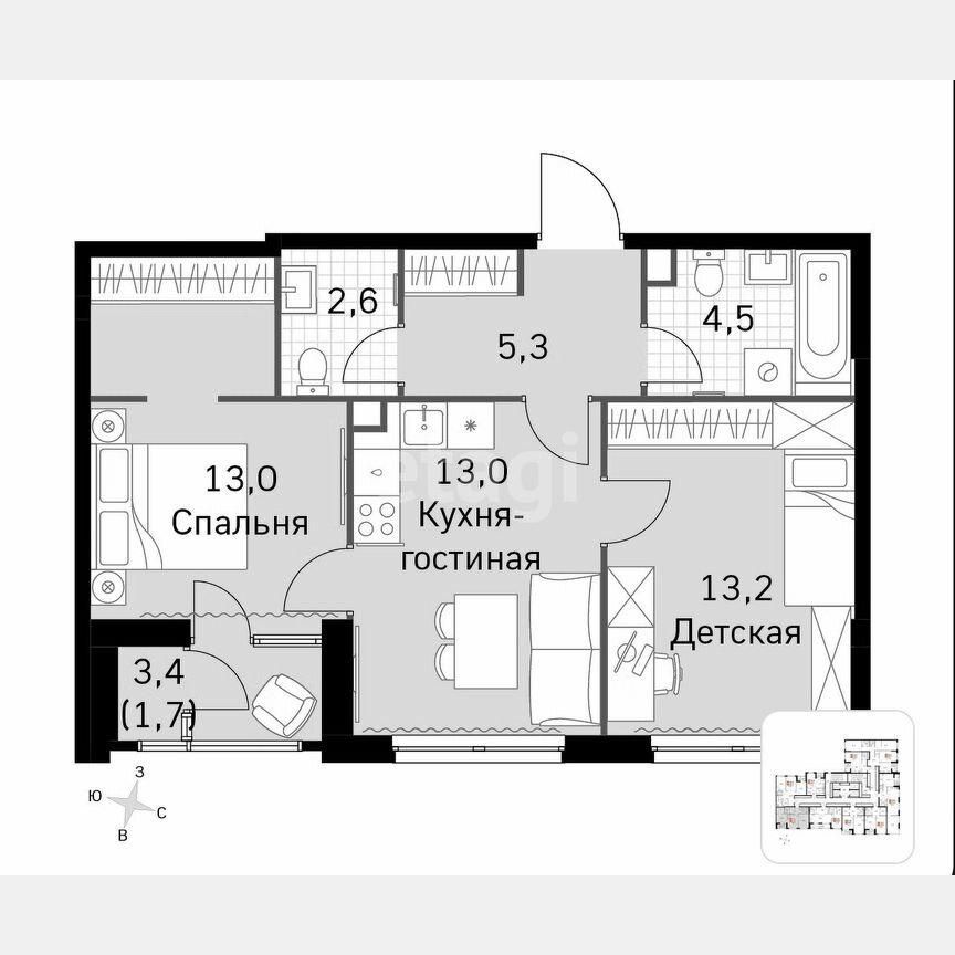 2-к. квартира, 53,3 м², 24/33 эт.