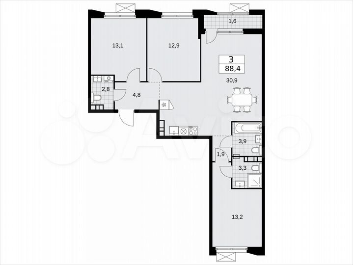 3-к. квартира, 88,4 м², 5/9 эт.