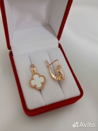 Серьги белый Клевер позолоченные