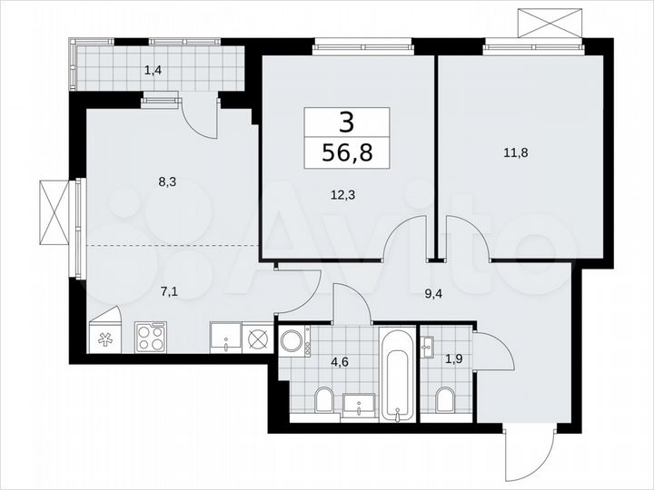 3-к. квартира, 56,8 м², 9/17 эт.