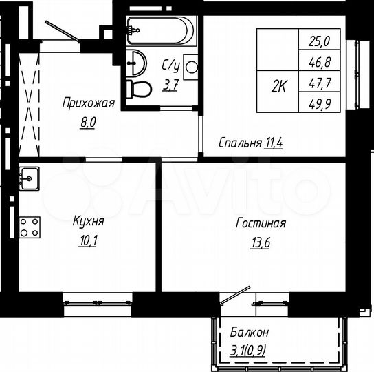 2-к. квартира, 49,9 м², 16/16 эт.