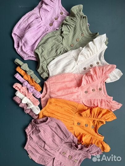 Нарядное муслиновое боди с повязкой 62 68 74 80 86