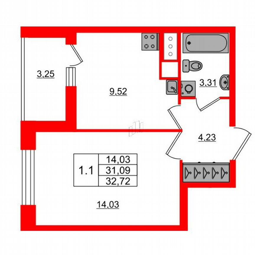 1-к. квартира, 31,1 м², 18/23 эт.