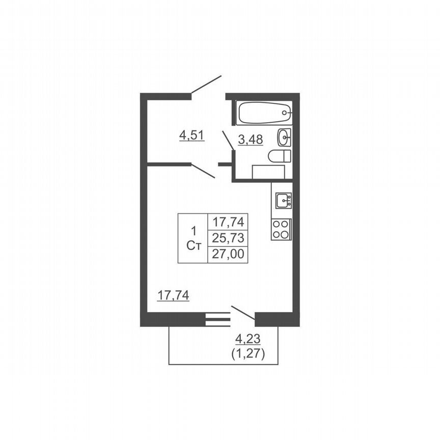 Квартира-студия, 27 м², 12/16 эт.