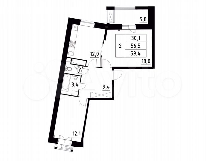 2-к. квартира, 59,4 м², 6/12 эт.