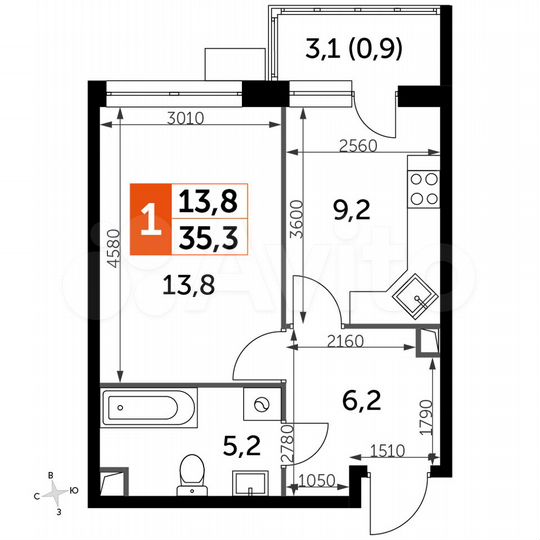 1-к. квартира, 35,3 м², 2/22 эт.