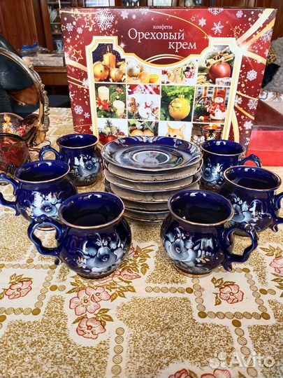 Чайные пары Гжель кобальт, позолота