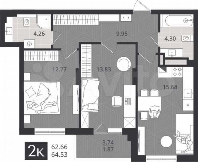2-к. квартира, 62,7 м², 3/4 эт.