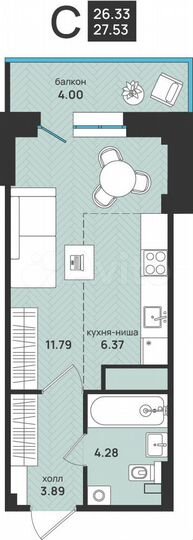 Квартира-студия, 27,5 м², 6/9 эт.