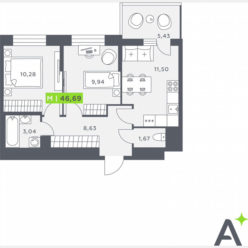 2-к. квартира, 46,7 м², 8/12 эт.
