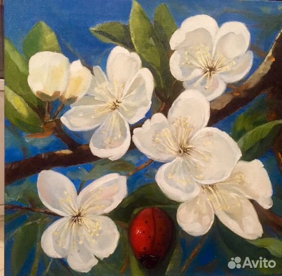 Картина маслом Цветущая яблоня весна божья коровка