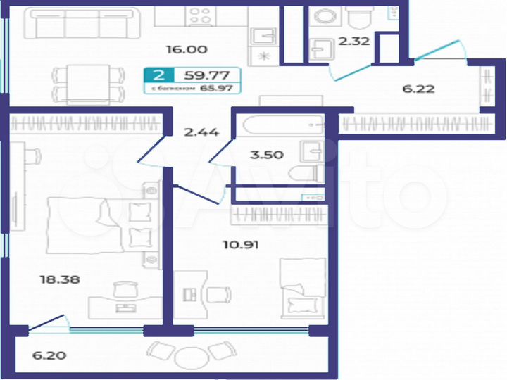 2-к. квартира, 59,8 м², 6/21 эт.