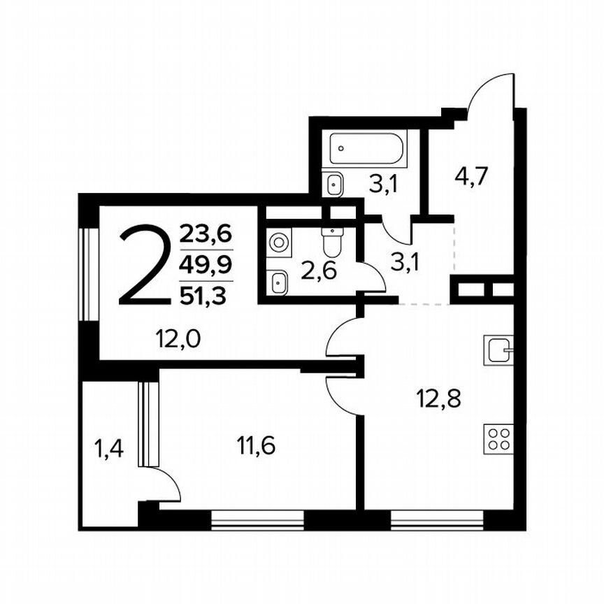 2-к. квартира, 51,3 м², 2/14 эт.