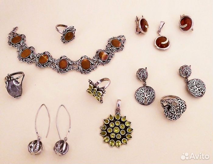 Серебро, наборы, серьги, кольца, браслет, кулоны