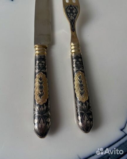 Старинное серебро нож вилка чернение