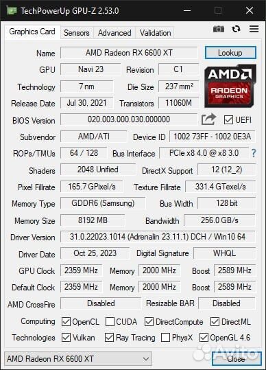 Видеокарта AMD RX6600XT 8gb