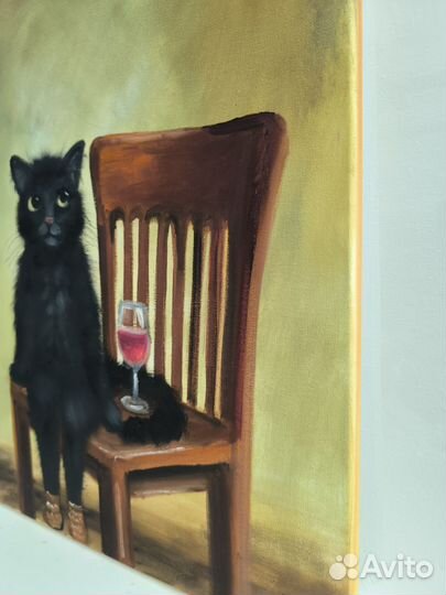 Картина маслом на холсте Кот и винишко 40х50