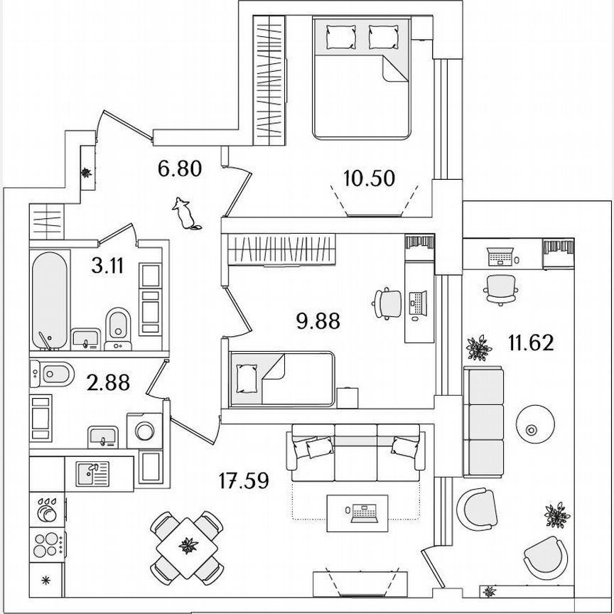 2-к. квартира, 54,3 м², 17/23 эт.