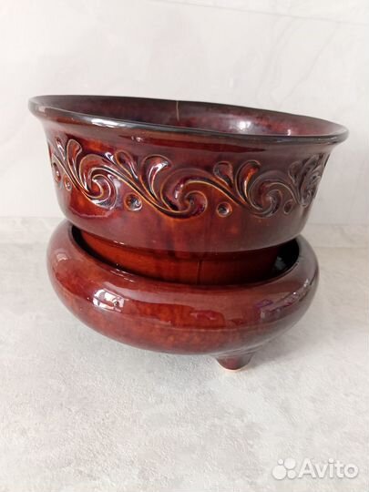 Большой керамический горшок с поддоном бу