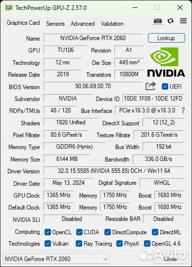 Видеокарта RTX 2060 6GB на гарантии