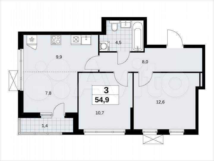 3-к. квартира, 54,9 м², 3/13 эт.