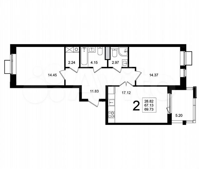 2-к. квартира, 69,7 м², 2/5 эт.