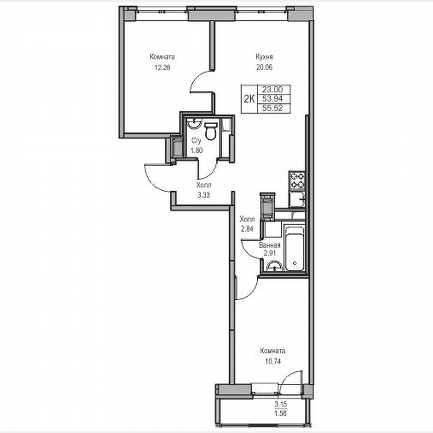 2-к. квартира, 55,5 м², 21/23 эт.