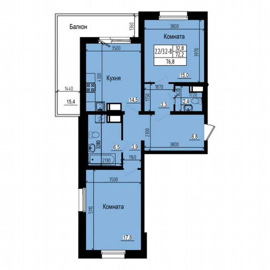 2-к. квартира, 76,8 м², 2/23 эт.