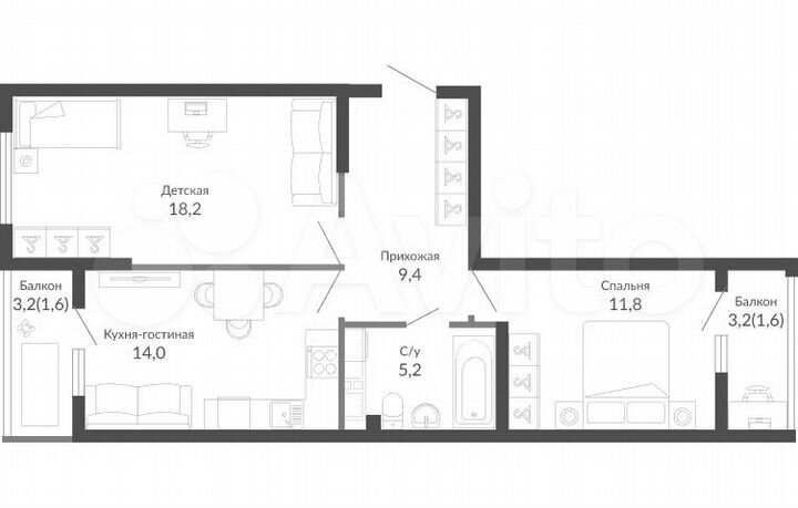 2-к. квартира, 61,8 м², 1/23 эт.