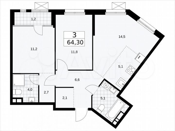 3-к. квартира, 64,3 м², 7/16 эт.