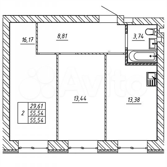 2-к. квартира, 55,5 м², 2/10 эт.