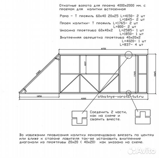 Откатные ворота 4х2 +калитка встроенная Т-профиль