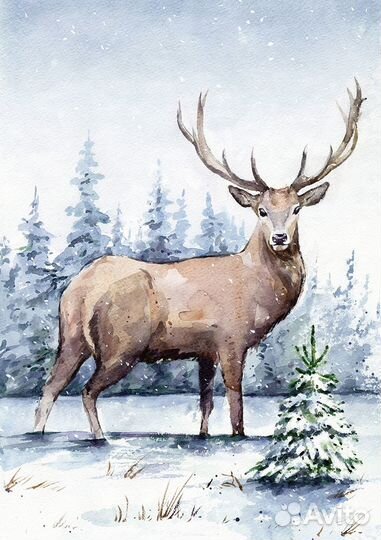 Картина акварелью пейзаж с оленем