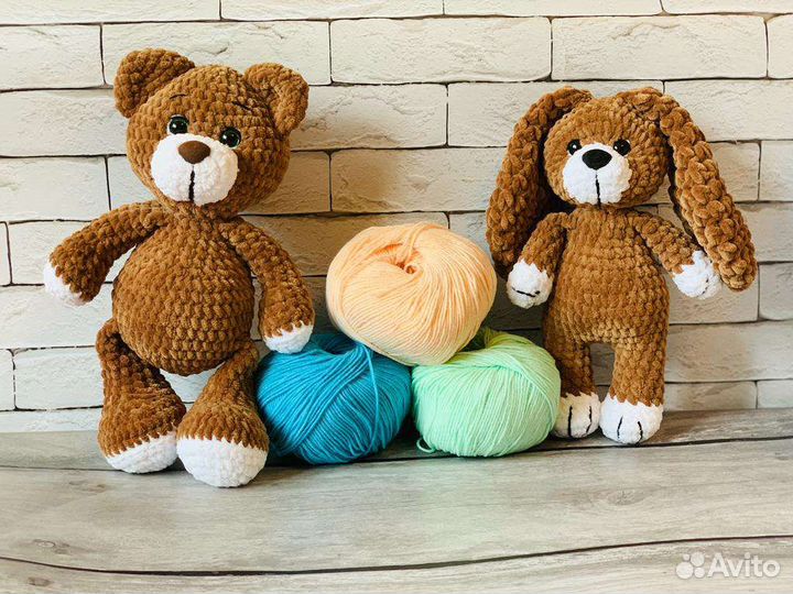 Вязаные игрушки, щенок, мишка, котенок, плюшевые