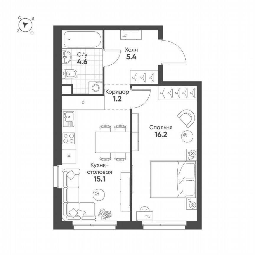 1-к. квартира, 42,5 м², 2/5 эт.