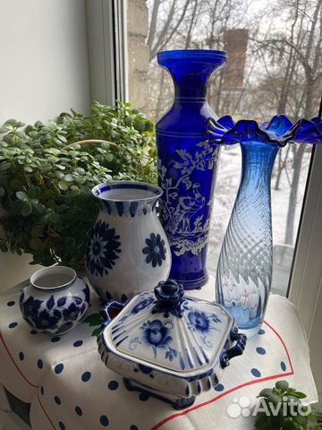 Синее кобальт стекло и старая Гжель СССР