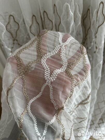 Тюль лен новый 4 и 5 метров вышитый купон беж