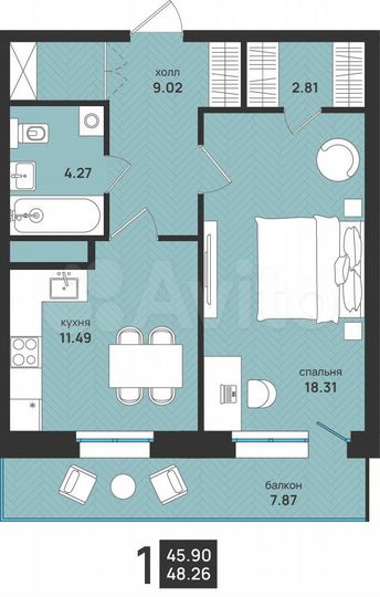 1-к. квартира, 48,3 м², 12/13 эт.