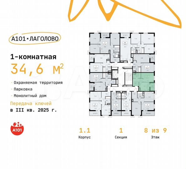 1-к. квартира, 34,6 м², 8/9 эт.