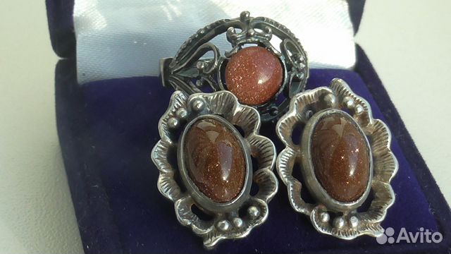 Cерьги и кольцо серебро авантюрин СССР