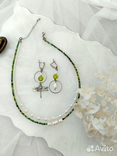 Серьги женские + чокер из бисера и жемчуга