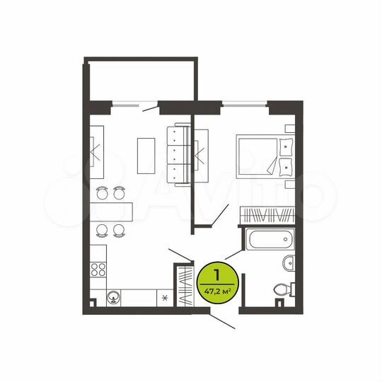 1-к. квартира, 47,2 м², 1/9 эт.