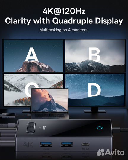 Baseus Hub 8 в 1, 4 монитора, 120 Гц, Новый