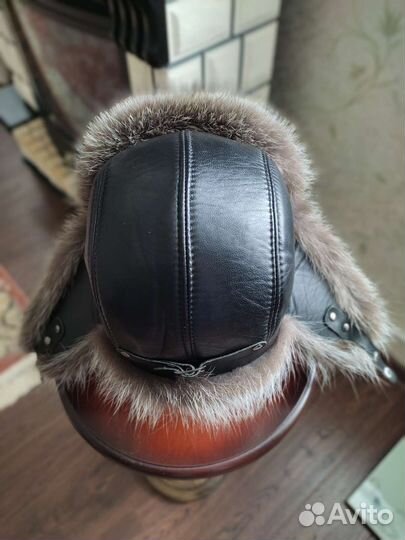 Шапка ушанка кожа мех размер 55-56