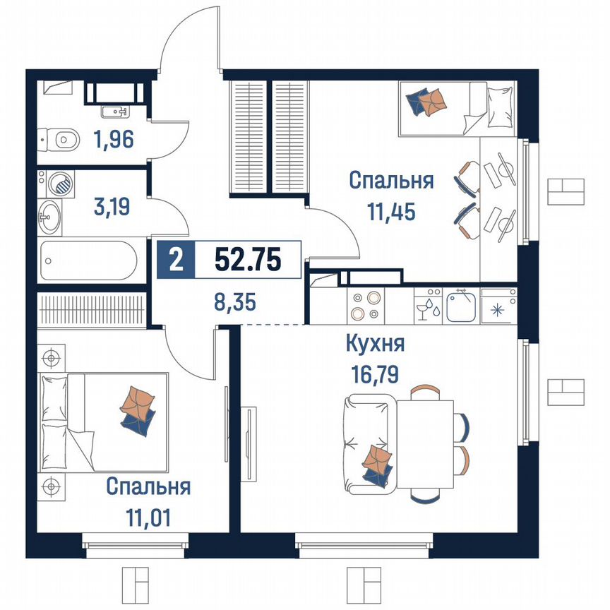 2-к. квартира, 52,8 м², 10/18 эт.