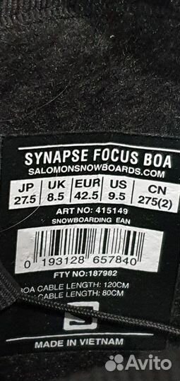 Ботинки сноуборд salomon synapse focus boa,новые