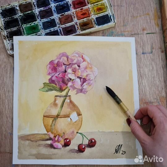 Картина с цветами Гортензия и вишня