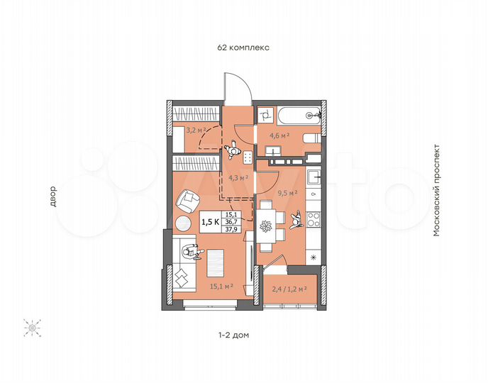 1-к. квартира, 37,9 м², 6/16 эт.